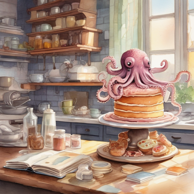 a watercolour kitchen: an octopus standing on top of a three-tier frosted cake, all arms raised