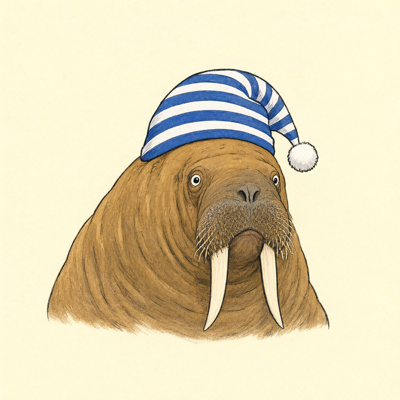 picture-book illustration of a walrus in a blue and white striped nightcap on cream paper