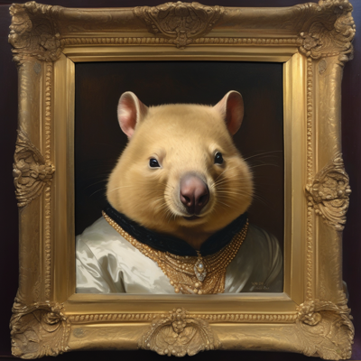 gilded-frame oil portrait of a wombat in pearls and white silk