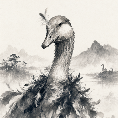ink-wash: a goose wearing an enormous feather boa and a single feather in its cap, staring at the viewer, two geese watching from the far bank