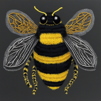 a bumblebee made entirely of knitted yarn on black paper, wing veins embroidered in gold and silver