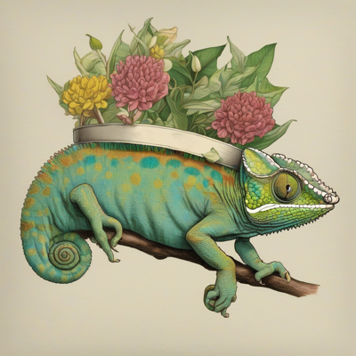 hand-tinted botanical plate of a teal chameleon with flowers growing from a paper band on its back