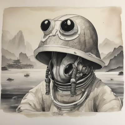 ink-wash landscape: a cuttlefish in a full space helmet on a misty lake with a pagoda behind