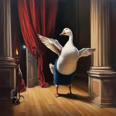 oil painting: a goose in a floor-length navy concert skirt mid-honk in a theatre wing, bassoon propped against the wall