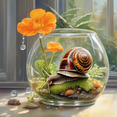 a snail in a glass bowl terrarium on a sunny windowsill, moss and pebbles and two nasturtiums