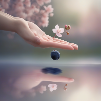 an open palm holding a pink blossom, with a single blueberry suspended in the air just beneath it and reflected in still water