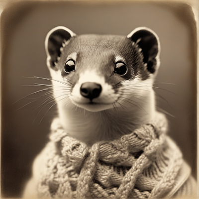 sepia Victorian cabinet card of a stoat in a cable-knit sweater looking directly at the camera