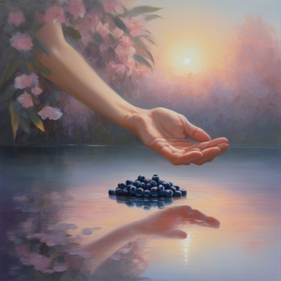 oil painting: an open hand reaching down to still water at dawn, blueberries floating just below it