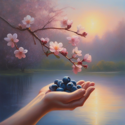 oil painting: two cupped hands full of blueberries beneath a blossom branch at dawn