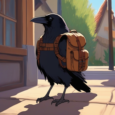 warm afternoon street scene: a raven mid-stride wearing a buckled leather backpack, looking back over its shoulder
