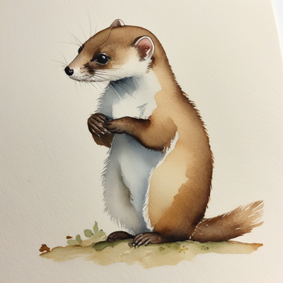 soft watercolour on cream paper of a stoat standing upright on a patch of moss