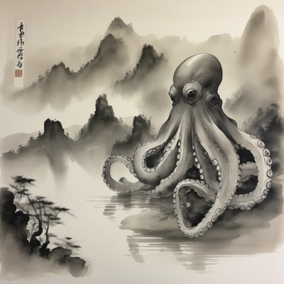 misty ink wash landscape with a large octopus rising from still water before distant mountains