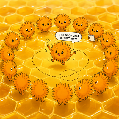 illustration of bees waggle-dancing over a sunflower