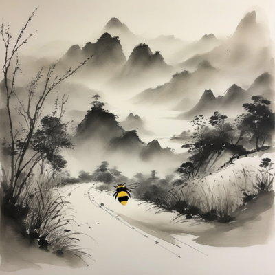 classical Chinese ink wash of a foggy path with one tiny gold bee