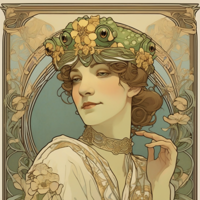 art nouveau poster of a serene woman whose flower crown is an enormous green frog