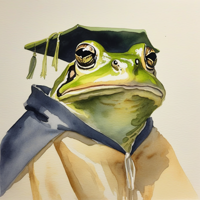 loose watercolour of a frog in a mortarboard and academic hood