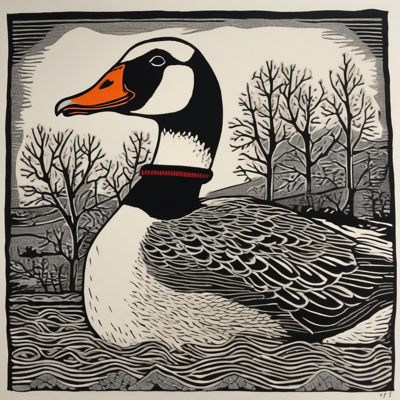 bold linocut of a goose with an orange beak and a thin red scarf