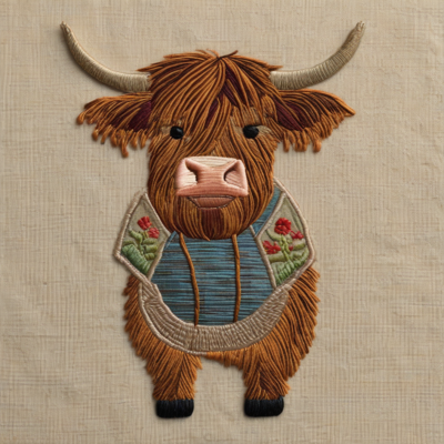 embroidered sampler of a highland cow on linen
