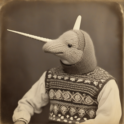 sepia Victorian cabinet card of a person wearing a knitted narwhal head