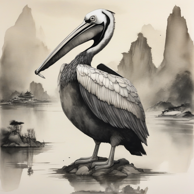 misty ink wash of a pelican on a rock before karst mountains