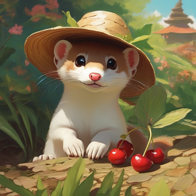 Studio Ghibli style background painting with a stoat in a sun hat