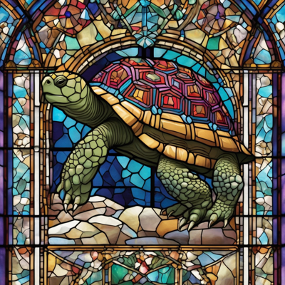 stained glass window of a tortoise in jewel tones