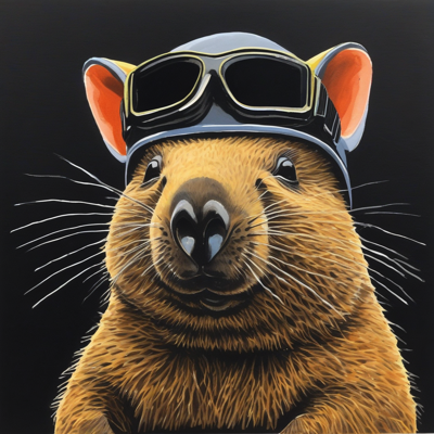 bright gouache on black paper of a wombat with goggles pushed up on its head