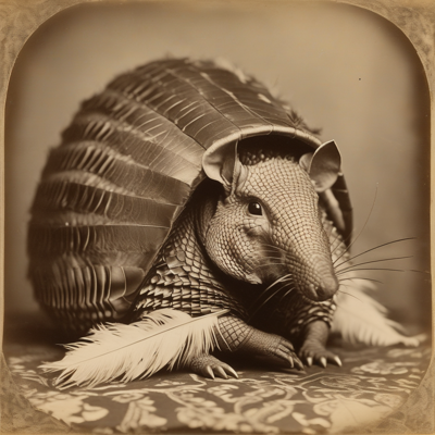 sepia Victorian cabinet card of an armadillo in a feather boa
