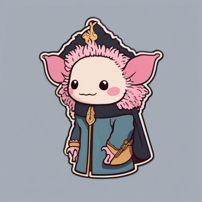 die-cut sticker design of an axolotl in a fur-lined hood with a satchel