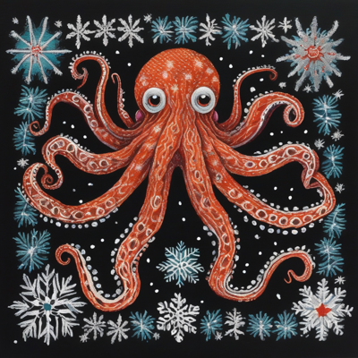 embroidered orange octopus on black with a border of stitched snowflakes