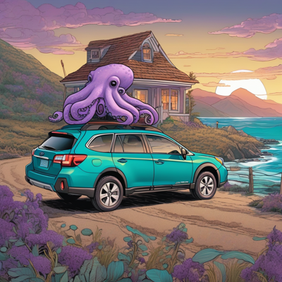 a cheerful purple octopus driving a slightly dented teal estate car on a coastal road