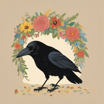 a crow holding a small shiny object wearing a flower crown, caught in the act, 1950s children's picture-book illustration, flat colour, cream paper grain