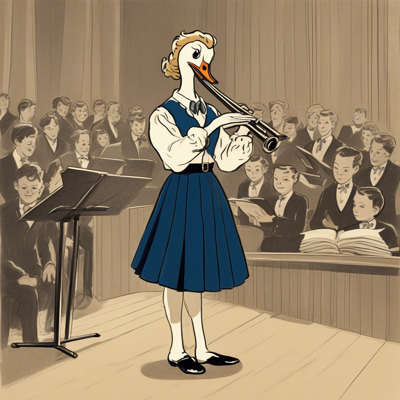 a goose with a small blonde updo and human arms, in a navy pleated skirt and white blouse, standing at a music stand before rows of small boys in bow ties