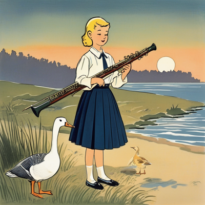 a goose in a navy pleated skirt playing a bassoon on a shoreline at dusk, dignified and faintly aggrieved, 1950s children's picture book illustration