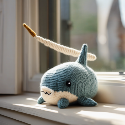 a hand-knitted narwhal plushie with two horns instead of one, chunky wool, sitting regally on a sunlit windowsill, soft and slightly damp