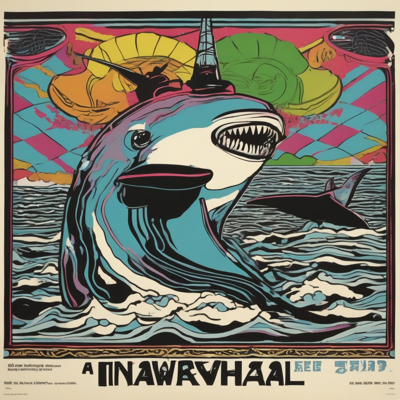 a narwhal wearing a very serious necktie, waiting for someone who is late, 1970s screenprinted concert poster, four flat colours