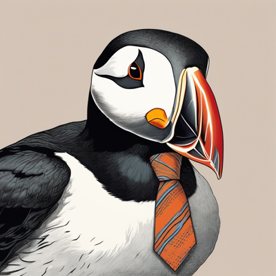 a puffin wearing a very serious necktie, making direct unsettling eye contact, cosy risograph print, two spot colours, visible misregistration