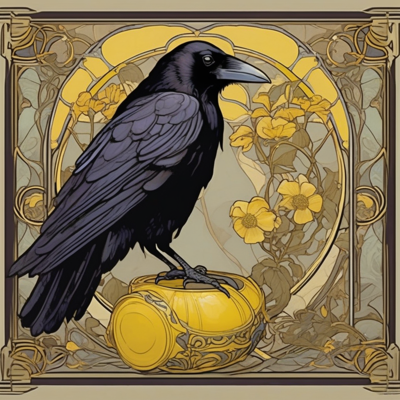 art nouveau panel with a gold halo arch and yellow roses, a black raven standing on top of a yellow rubber boot rather than wearing it