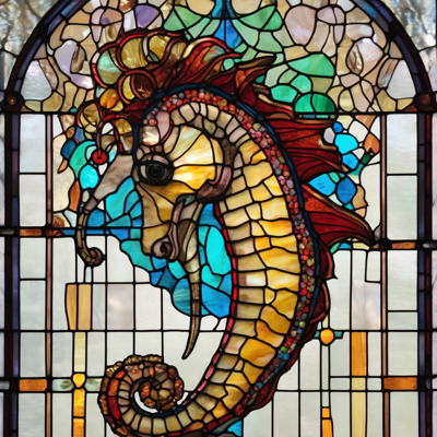 a seahorse wearing tiny wire-rimmed spectacles, mid-sneeze, stained glass window, heavy leading, jewel tones