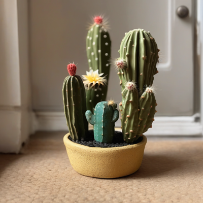 a small badly made ceramic cactus in a chipped pot, lopsided and cheerful and clearly handmade by an amateur, beside a doormat in warm kitchen light