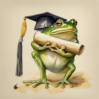 a very dignified frog in full academic regalia conferring a degree on a snail