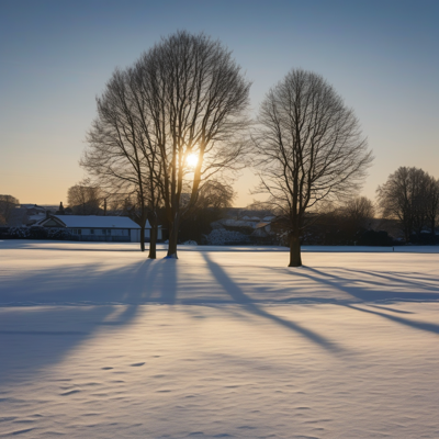 the same scene at blue hour, colder and emptier, two bare trees and long shadows running diagonally across clean snow