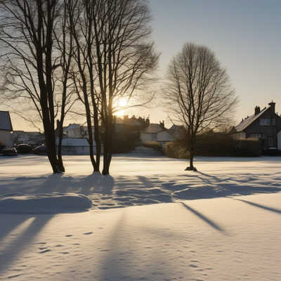 unbroken snow at low golden sun, bare winter trees, a row of houses with lit windows, long blue shadows across the foreground and footprints in the snow
