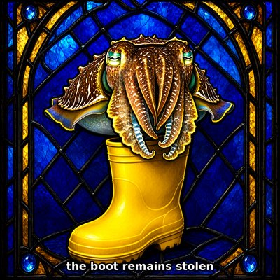 A cuttlefish standing in a yellow rubber boot, rendered as a cobalt and gold stained glass window.