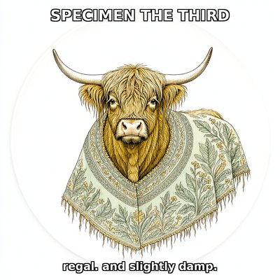 A Highland cow in an embroidered sage poncho with gold fringe, drawn as a hand-tinted botanical plate.