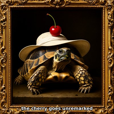 A tortoise in a wide-brim sun hat bearing a single plastic cherry, painted as a Dutch Golden Age oil portrait in a gilded frame.