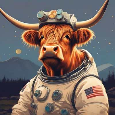A painted Highland cow in a spacesuit on a hillside under the stars, with a small gauge-covered cap between her horns.