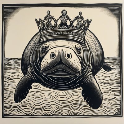 A black-ink linocut of a manatee swimming face-on through carved waves, wearing an ornate crown.