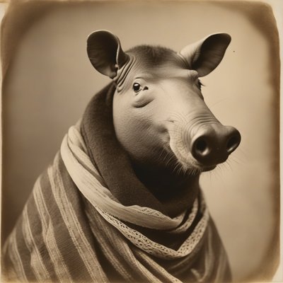 A sepia cabinet-card photograph of a tapir wrapped to the ears in a long striped scarf with a lace edge.