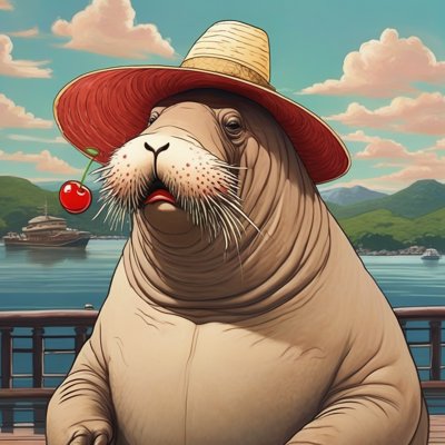 A painted walrus in a red and straw sun hat, with a single cherry hanging beside his moustache, in front of a harbour.